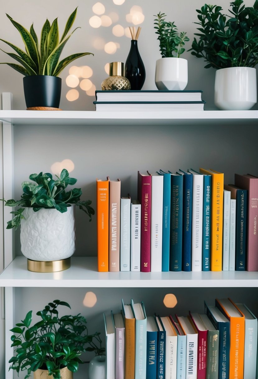 A well-organized bookcase with a mix of books, decorative objects, and plants arranged in a visually appealing manner