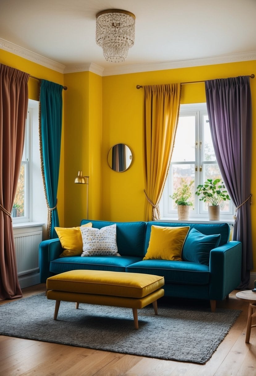 A cozy living room with yellow walls, featuring a set of curtains in various colors to illustrate the concept of color psychology