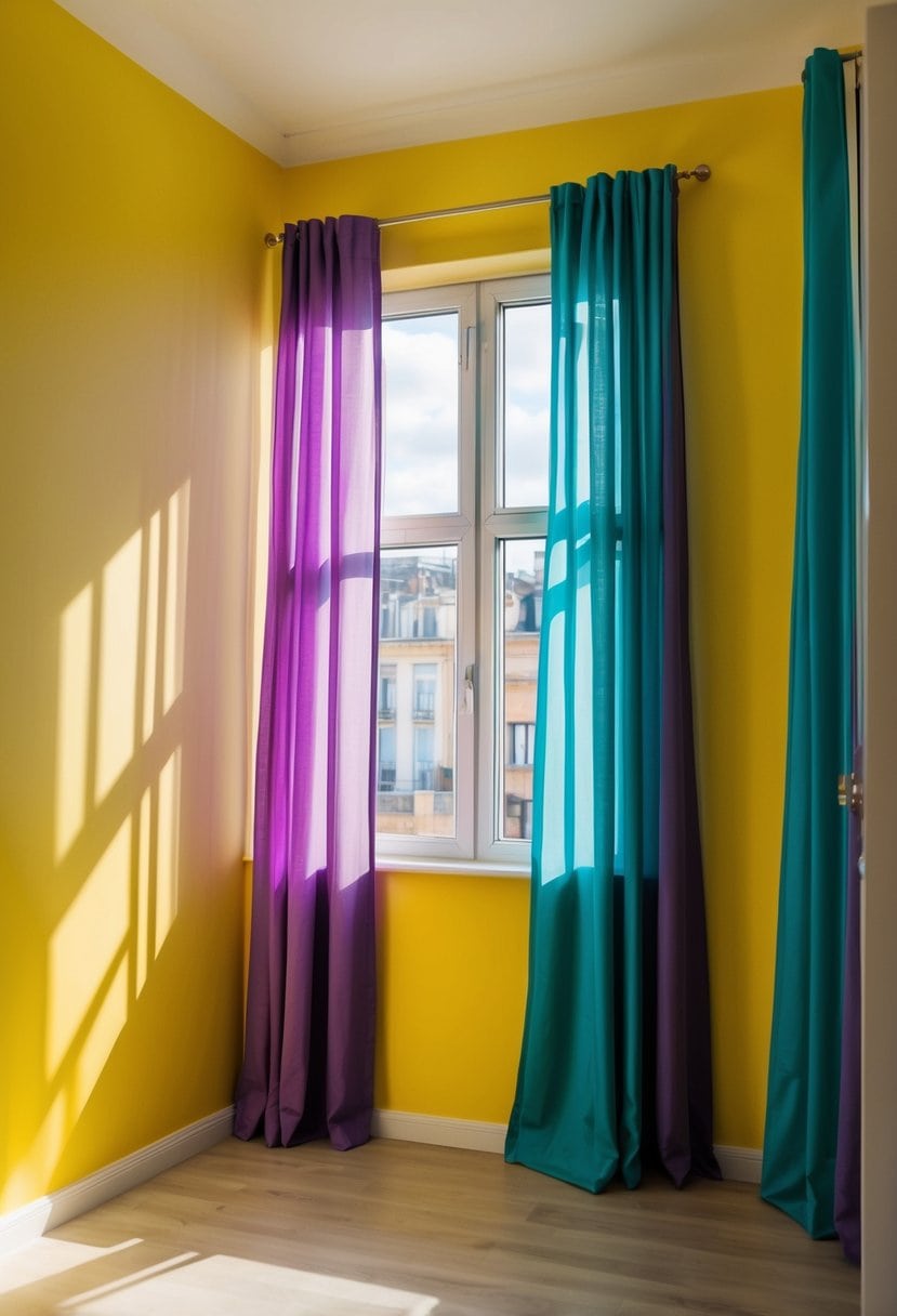 A sunny room with yellow walls and curtains in shades of purple, blue, or green. Light streams in through the windows, casting colorful shadows