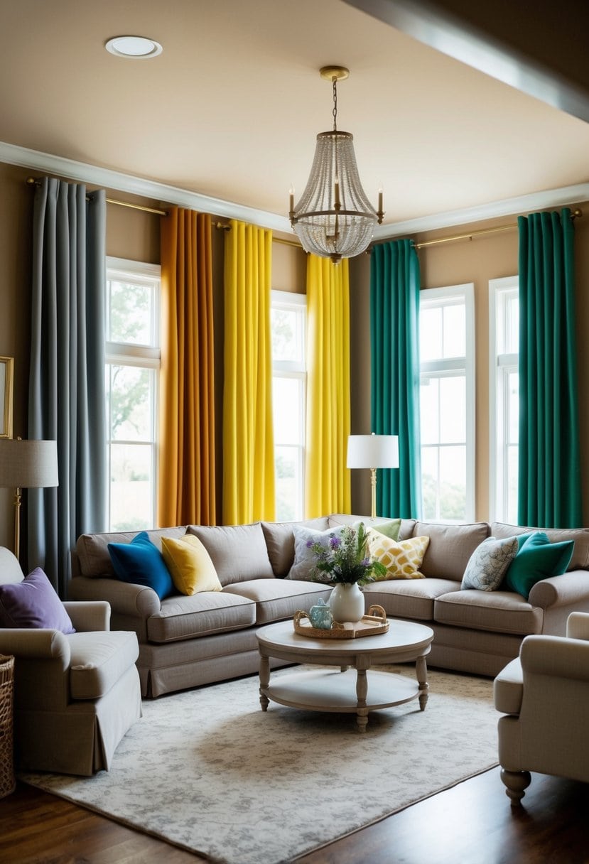 A cozy living room with tan walls, featuring curtains in calming blue, elegant gray, warm yellow, vibrant green, soothing lavender, and classic white