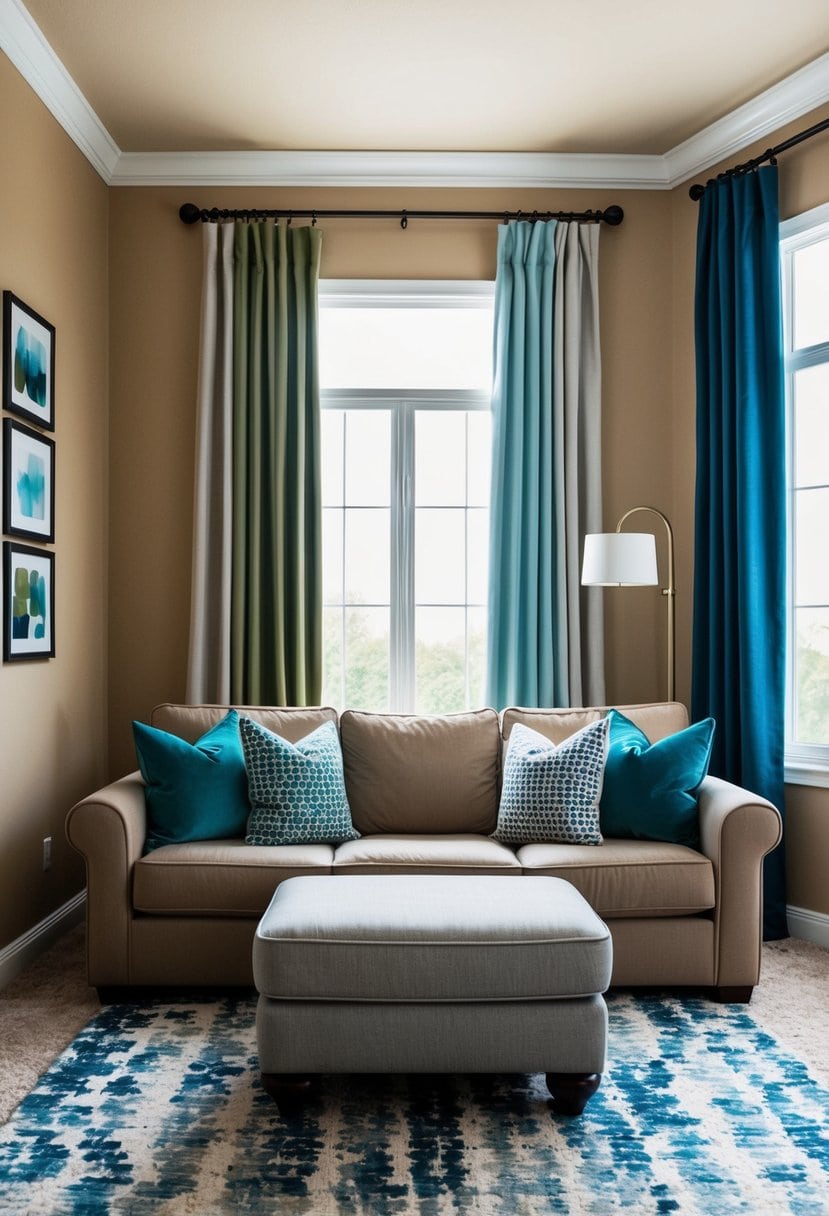 A cozy living room with tan walls, featuring curtains in various shades of blue, green, and gray, showcasing different accent techniques