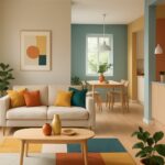 Modern living room with colorful furniture and colorful rug
