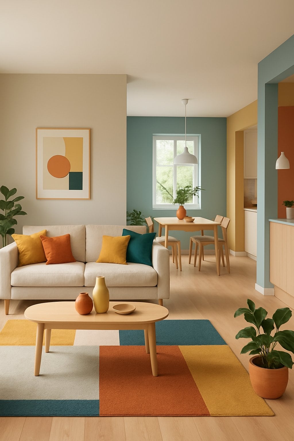 Modern living room with colorful furniture and colorful rug