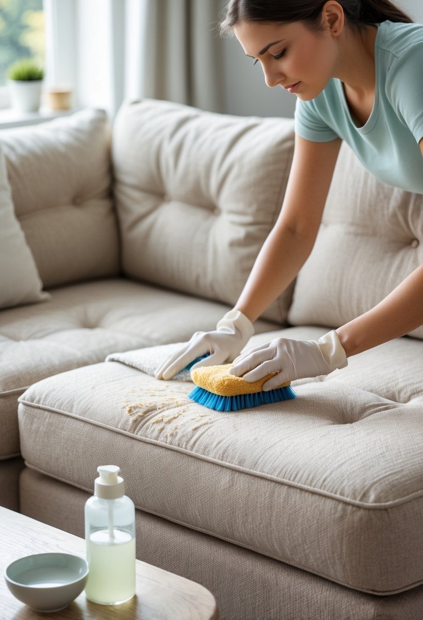 Person cleaning a stain on a beige fabric couch cushion with a brush and cloth in a bright living room.